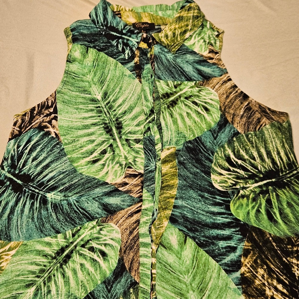 Cupio Tropical Palm Leaf Button Down Sleeveless Top Large Green MB17446 Hawaiian